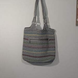 The Sak Crochet Shoulder Bag Boho Striped Knit Tote Neutral Multicolor Zip Pocke